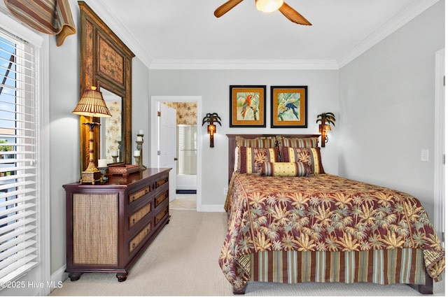 1510 N Shore Dr, Sunset Beach, NC 28468 - bedroom featuring light carpet, ornamental molding, ceiling fan, and ensuite bathroom
