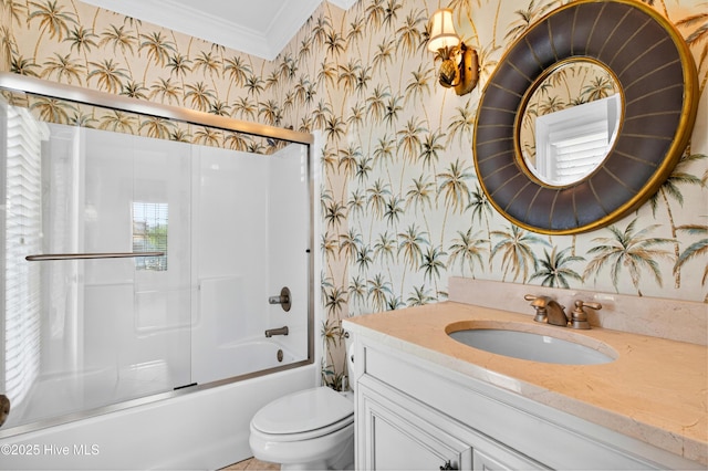 1510 N Shore Dr, Sunset Beach, NC 28468 - full bath featuring wallpapered walls, ornamental molding, vanity, and shower / bathtub combination