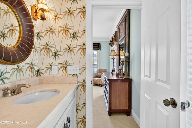 1510 N Shore Dr, Sunset Beach, NC 28468 - bathroom featuring vanity, ornamental molding, and ensuite bathroom