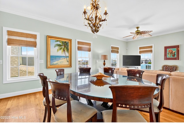 1510 N Shore Dr, Sunset Beach, NC 28468 - dining space featuring ornamental molding, light wood-style floors, a chandelier, and ceiling fan