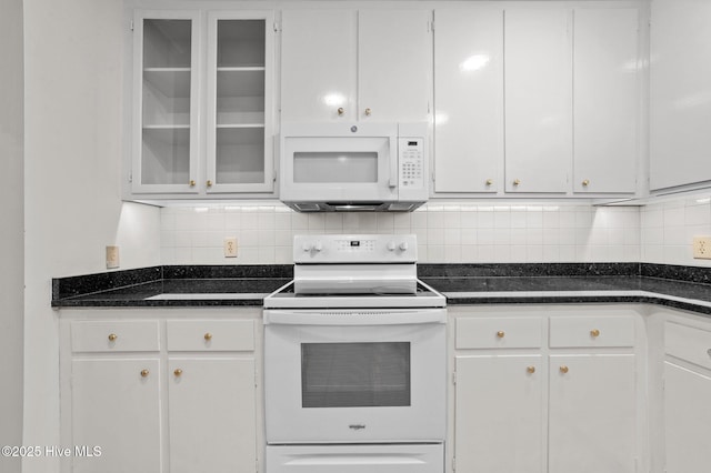 809 Greenbriar Rd, Kinston, NC 28501 - kitchen with white appliances, decorative backsplash, white cabinets, and glass insert cabinets