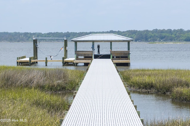 601 New River Inlet Rd, North Topsail Beach, NC 28460 - dock featuring a water view, boat lift, and a view of trees