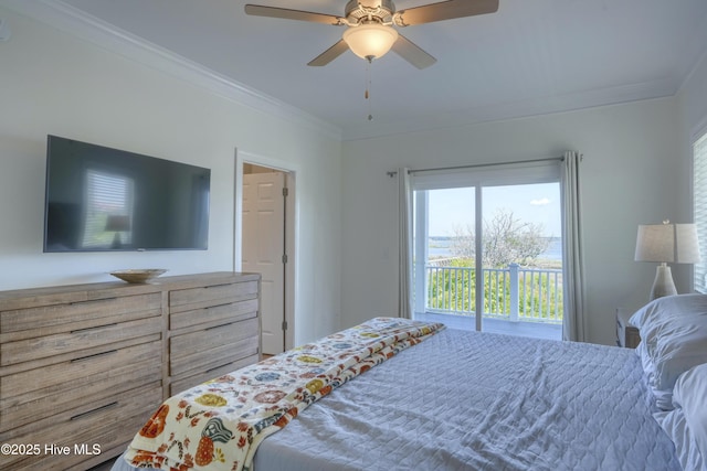 601 New River Inlet Rd, North Topsail Beach, NC 28460 - bedroom featuring multiple windows, ornamental molding, and a ceiling fan