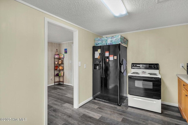 3331 Holden Beach Rd SW, Supply, NC 28462 - kitchen with white electric range, black fridge with ice dispenser, dark wood-style floors, crown molding, and a textured ceiling
