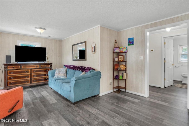 3331 Holden Beach Rd SW, Supply, NC 28462 - living area with wood finished floors, ornamental molding, a textured ceiling, baseboards, and wood walls