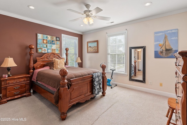 700 S 3rd St, Wilmington, NC 28401 - bedroom with light colored carpet, recessed lighting, baseboards, ornamental molding, and a ceiling fan