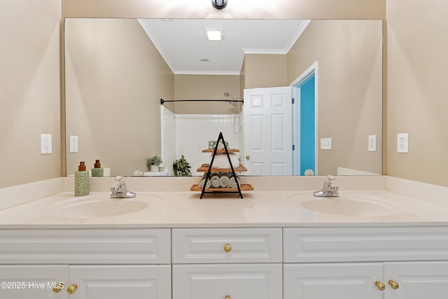 4379 Owendon Dr, Shallotte, NC 28470 - full bath featuring crown molding, double vanity, and a shower