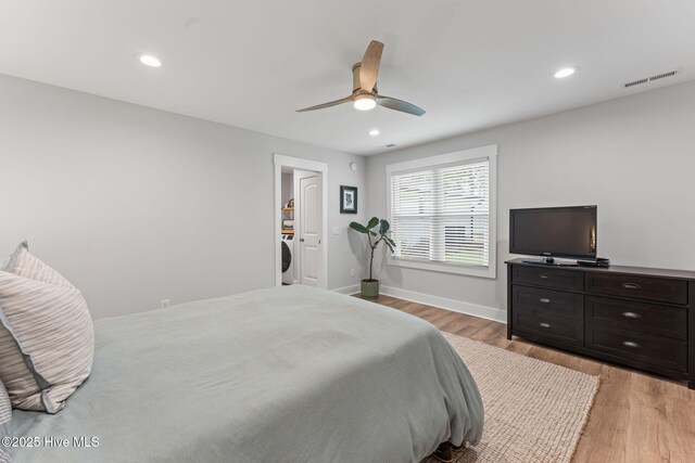 1015 E Moore St, Southport, NC 28461 - bedroom with light wood finished floors, recessed lighting, and a ceiling fan