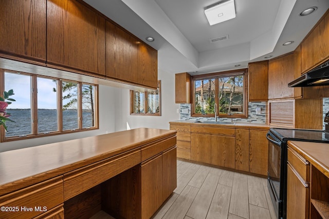 153 Windmill Point Dr, Vandemere, NC 28587 - kitchen featuring black electric range, a sink, brown cabinets, decorative backsplash, and recessed lighting