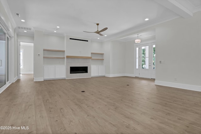 8241 Sage Valley Dr, Wilmington, NC 28411 - unfurnished living room featuring ceiling fan, recessed lighting, baseboards, light wood finished floors, and a tiled fireplace