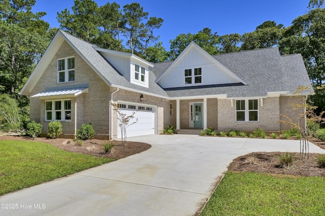 8241 Sage Valley Dr, Wilmington, NC 28411 - modern inspired farmhouse featuring driveway, brick siding, a front yard, and roof with shingles