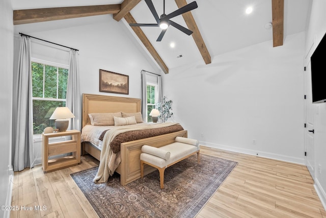 187 Royal Palms Way, Holly Ridge, NC 28445 - bedroom featuring beam ceiling, light wood-style flooring, multiple windows, high vaulted ceiling, and recessed lighting