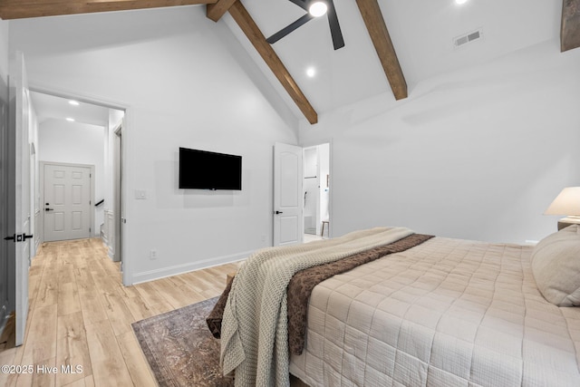 187 Royal Palms Way, Holly Ridge, NC 28445 - bedroom with beamed ceiling, high vaulted ceiling, light wood-type flooring, recessed lighting, and ceiling fan