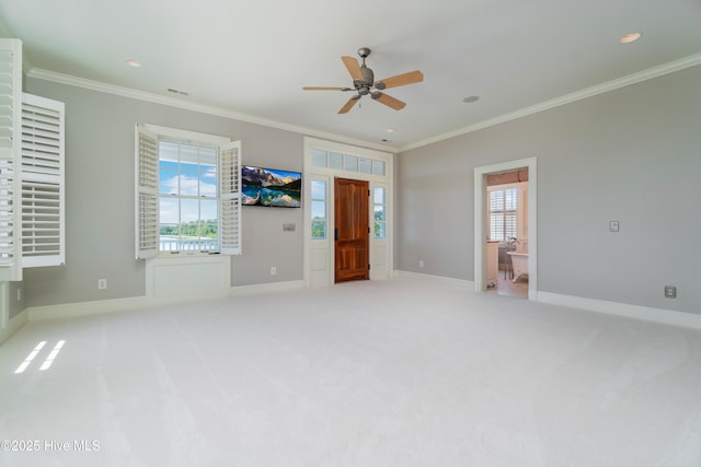 588 E Harborside Rd, Oriental, NC 28571 - unfurnished bedroom with crown molding, carpet, baseboards, recessed lighting, and ceiling fan