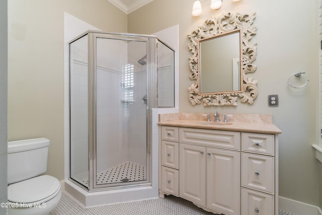 588 E Harborside Rd, Oriental, NC 28571 - bathroom featuring toilet, ornamental molding, a stall shower, vanity, and tile patterned floors