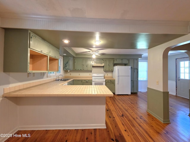 1700 Green Springs Rd, New Bern, NC 28560 - kitchen with white appliances, green cabinets, a sink, arched walkways, and a peninsula
