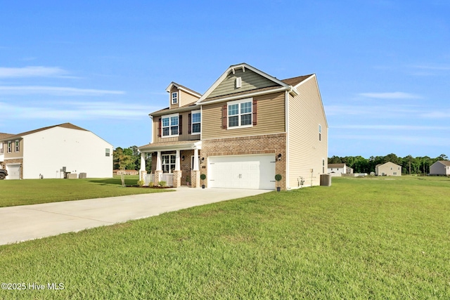 119 Perrytown Loop Rd, New Bern, NC 28562 - view of front of home featuring brick siding, central AC, an attached garage, concrete driveway, and a front yard