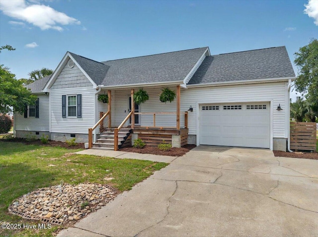 5892 Lycia Ln SW, Ocean Isle Beach, NC 28469 - view of front of property with a garage, driveway, a porch, a shingled roof, and a front yard