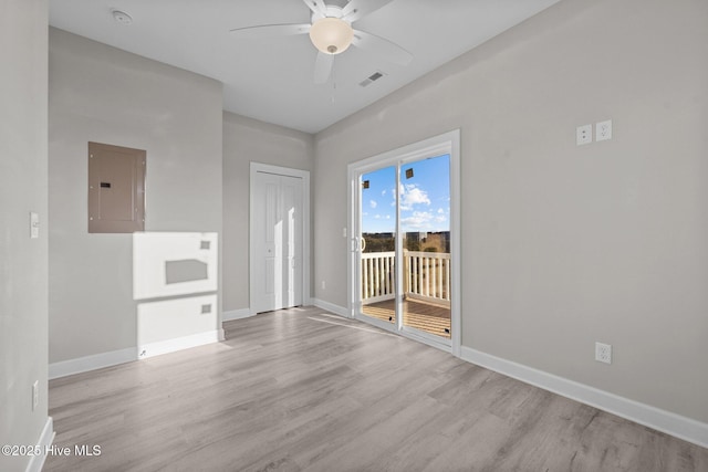 138 Sea Gull Ln, North Topsail Beach, NC 28460 - spare room with electric panel, a ceiling fan, light wood-style floors, baseboards, and a smoke detector