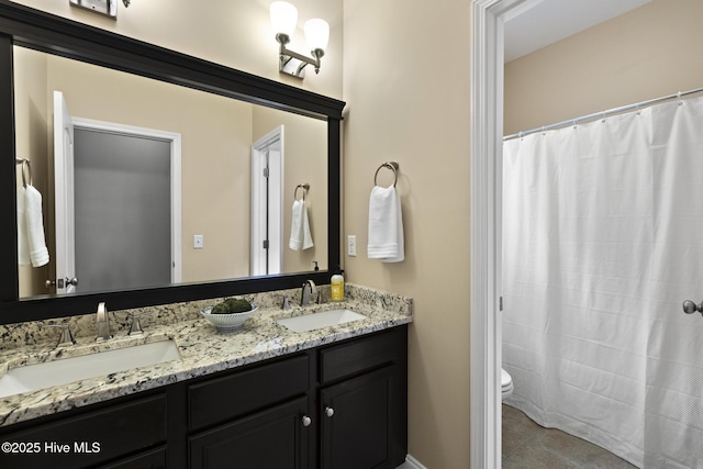 113 Percy Padgett Ct, Holly Ridge, NC 28445 - full bath with toilet, double vanity, a shower with curtain, and tile patterned flooring