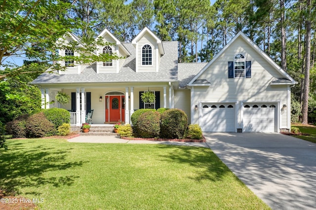 3878 White Blossom Cir, Southport, NC 28461 - cape cod-style house featuring driveway, a porch, a shingled roof, a garage, and a front yard