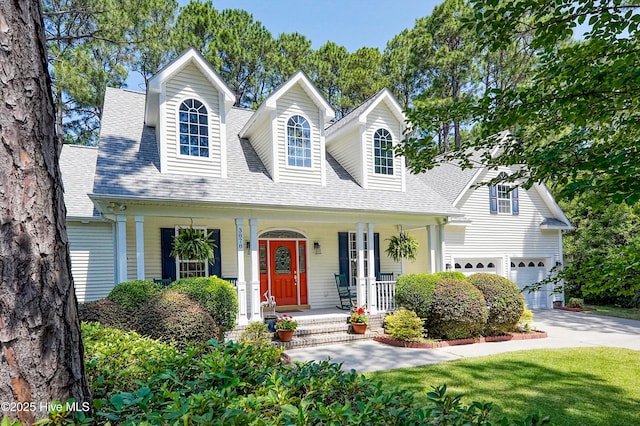 3878 White Blossom Cir, Southport, NC 28461 - cape cod-style house with covered porch, concrete driveway, roof with shingles, and a garage