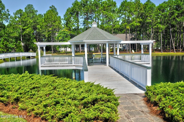 3878 White Blossom Cir, Southport, NC 28461 - dock area featuring a gazebo, a water view, and view of scattered trees