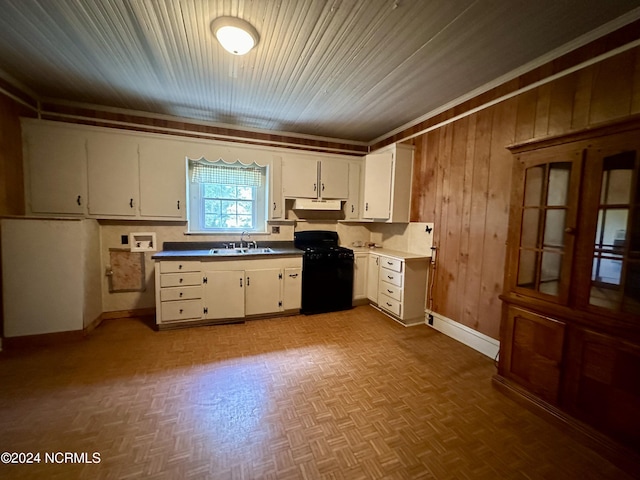 114 Rhodes Ave, Windsor, NC 27983 - kitchen featuring black gas range oven, a sink, under cabinet range hood, baseboards, and wooden walls
