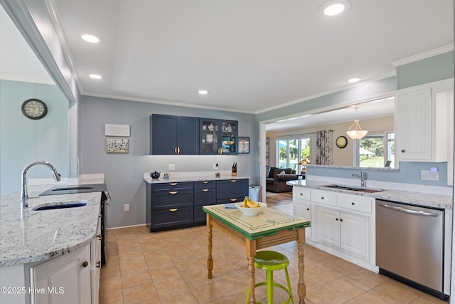1235 Sound Shore Dr, Edenton, NC 27932 - kitchen featuring stainless steel dishwasher, a sink, crown molding, white cabinetry, and glass insert cabinets