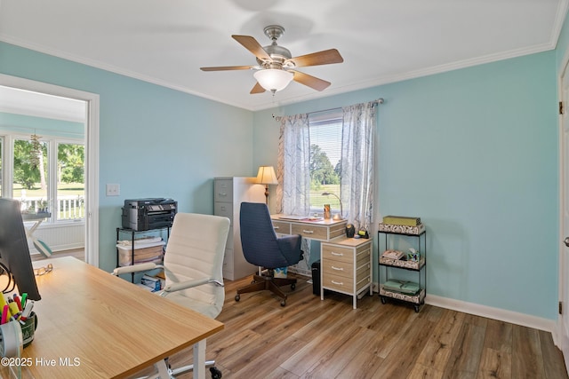 1235 Sound Shore Dr, Edenton, NC 27932 - office with a ceiling fan, wood finished floors, ornamental molding, and baseboards
