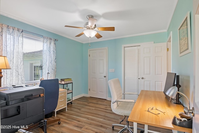 1235 Sound Shore Dr, Edenton, NC 27932 - office space with a ceiling fan, ornamental molding, wood finished floors, and baseboards