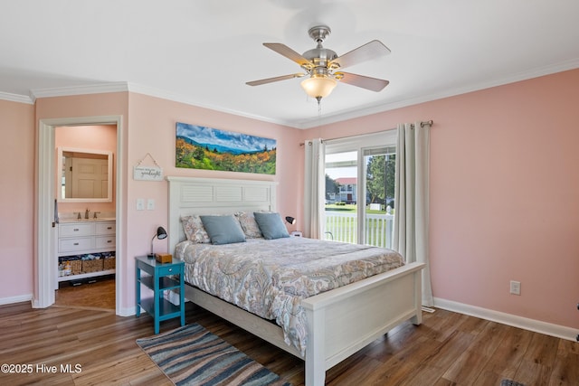 1235 Sound Shore Dr, Edenton, NC 27932 - bedroom with wood finished floors, ornamental molding, baseboards, and access to exterior
