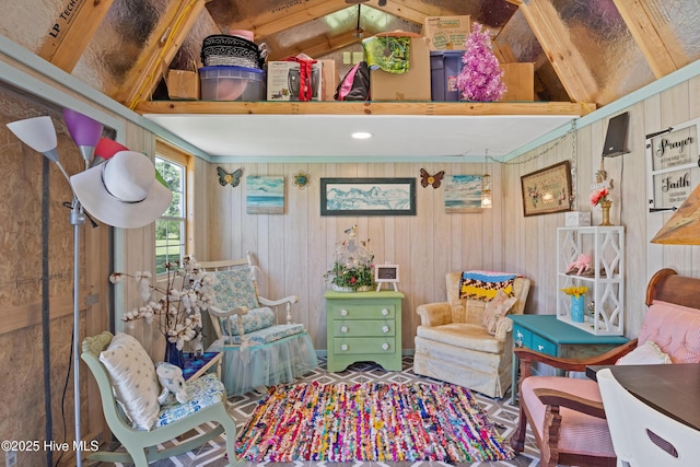 1235 Sound Shore Dr, Edenton, NC 27932 - living room featuring lofted ceiling and wooden walls