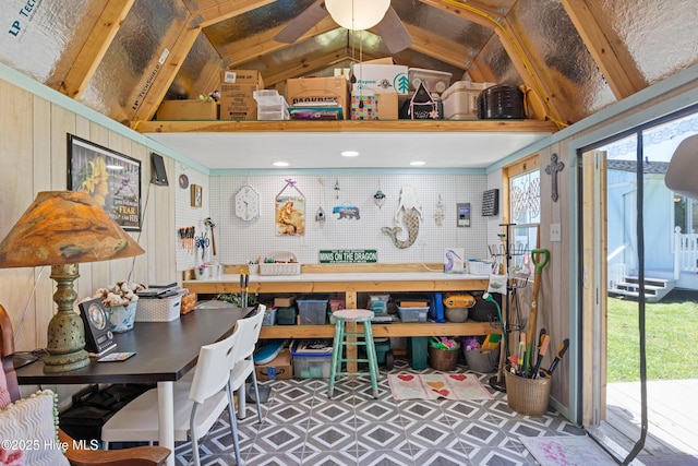 1235 Sound Shore Dr, Edenton, NC 27932 - office space featuring a workshop area, tile patterned floors, lofted ceiling, and plenty of natural light