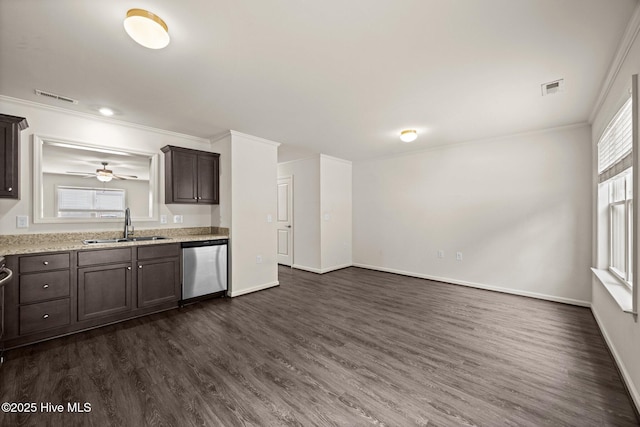 312 Glenellen Loop Rd, Midway Park, NC 28544 - kitchen featuring a sink, stainless steel dishwasher, dark brown cabinetry, crown molding, and dark wood-type flooring