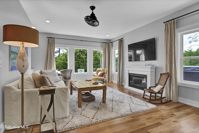 1246 Heron Run Dr, Wilmington, NC 28403 - living area featuring a glass covered fireplace, wood finished floors, recessed lighting, and baseboards