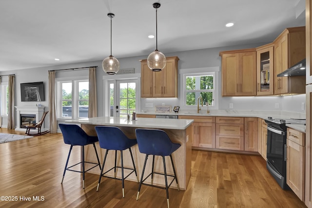 1246 Heron Run Dr, Wilmington, NC 28403 - kitchen featuring electric stove, under cabinet range hood, a sink, light countertops, and a breakfast bar