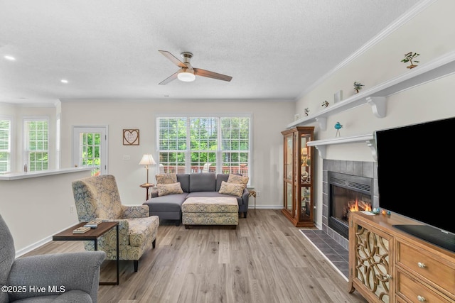 154 Dockside Dr, Jacksonville, NC 28546 - living area with plenty of natural light, a ceiling fan, a fireplace, light wood-style flooring, and crown molding