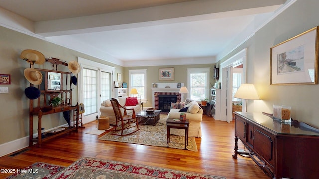 305 E New Hampshire Ave, Southern Pines, NC 28387 - living room featuring wood finished floors and a brick fireplace