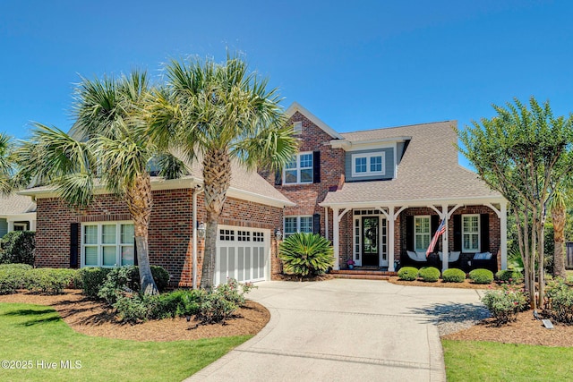 550 Tanbridge Rd, Wilmington, NC 28405 - view of front of property with covered porch, concrete driveway, brick siding, and an attached garage
