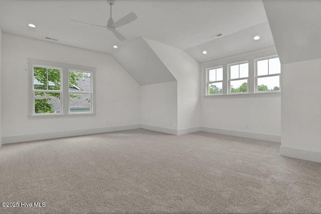 324 Grayhawk Cir, Wilmington, NC 28411 - bonus room featuring recessed lighting, plenty of natural light, vaulted ceiling, a ceiling fan, and light colored carpet