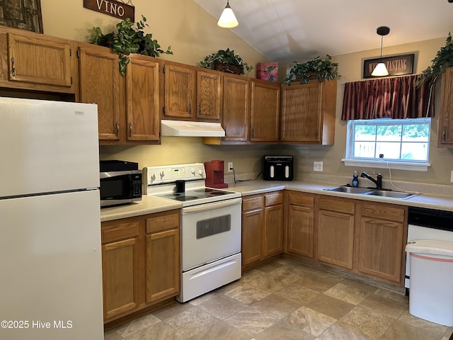1404 Angels End Unit B, Greenville, NC 27858 - kitchen with white appliances, a sink, under cabinet range hood, vaulted ceiling, and light countertops