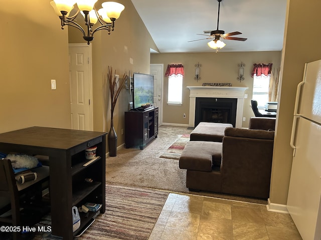 1404 Angels End Unit B, Greenville, NC 27858 - carpeted living room with a ceiling fan, a chandelier, a fireplace, and baseboards