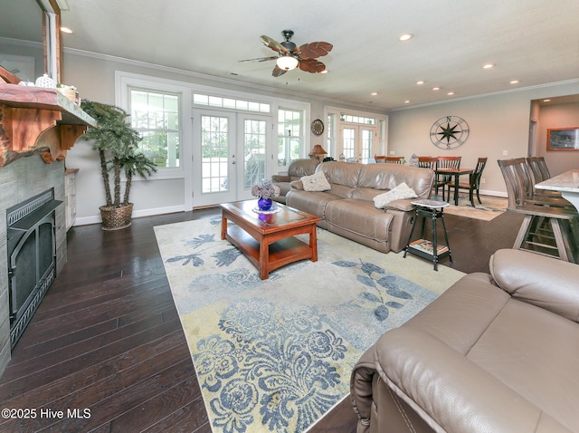 104 Soundside Estates Dr, Grandy, NC 27939 - living area featuring french doors, crown molding, a fireplace, dark wood-style floors, and baseboards
