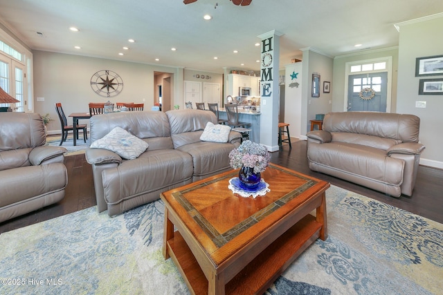 104 Soundside Estates Dr, Grandy, NC 27939 - living area featuring ornamental molding, baseboards, recessed lighting, light wood finished floors, and a ceiling fan