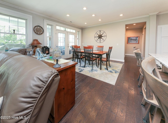 104 Soundside Estates Dr, Grandy, NC 27939 - living area with french doors, dark wood finished floors, ornamental molding, baseboards, and recessed lighting