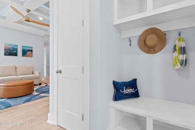 2705 E Oak Island Dr, Oak Island, NC 28465 - mudroom with light wood finished floors, beamed ceiling, and coffered ceiling
