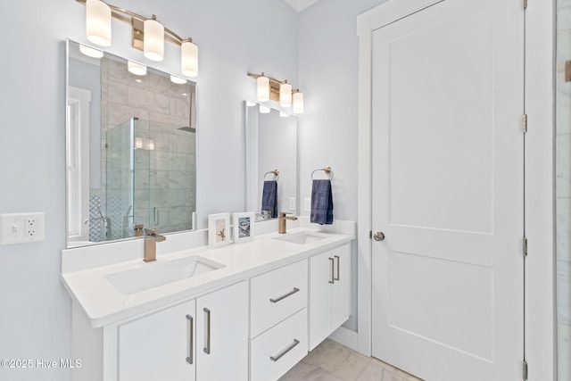2705 E Oak Island Dr, Oak Island, NC 28465 - full bath featuring double vanity, a stall shower, and marble look tile flooring