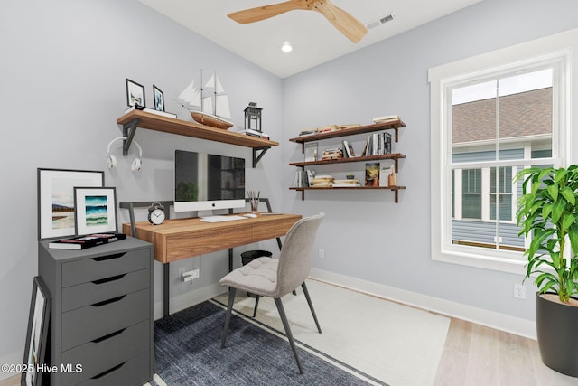 2705 E Oak Island Dr, Oak Island, NC 28465 - home office featuring wood finished floors, baseboards, a ceiling fan, and recessed lighting