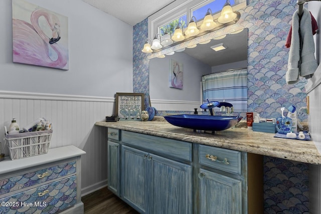 107 Foxlair Dr, Hubert, NC 28539 - bathroom with vanity, wood finished floors, and wainscoting